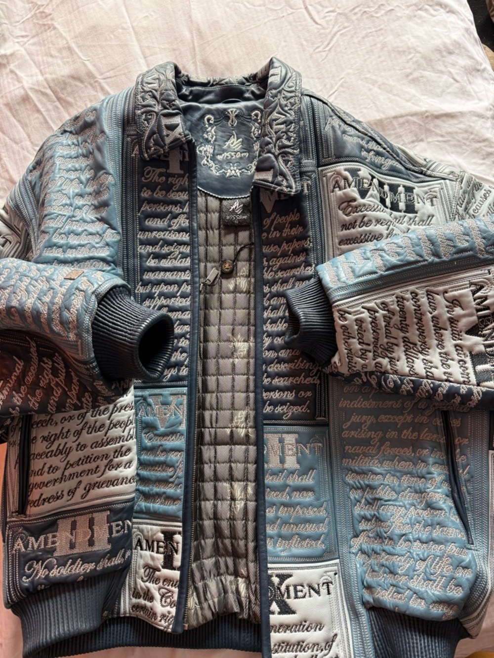 Quilted Script Bomber Jacket - Blue & Grey